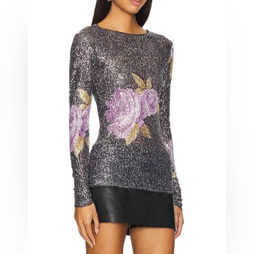 Free People Intimately Sequin Top Womens M Silver Black Floral Long Sleeve Party